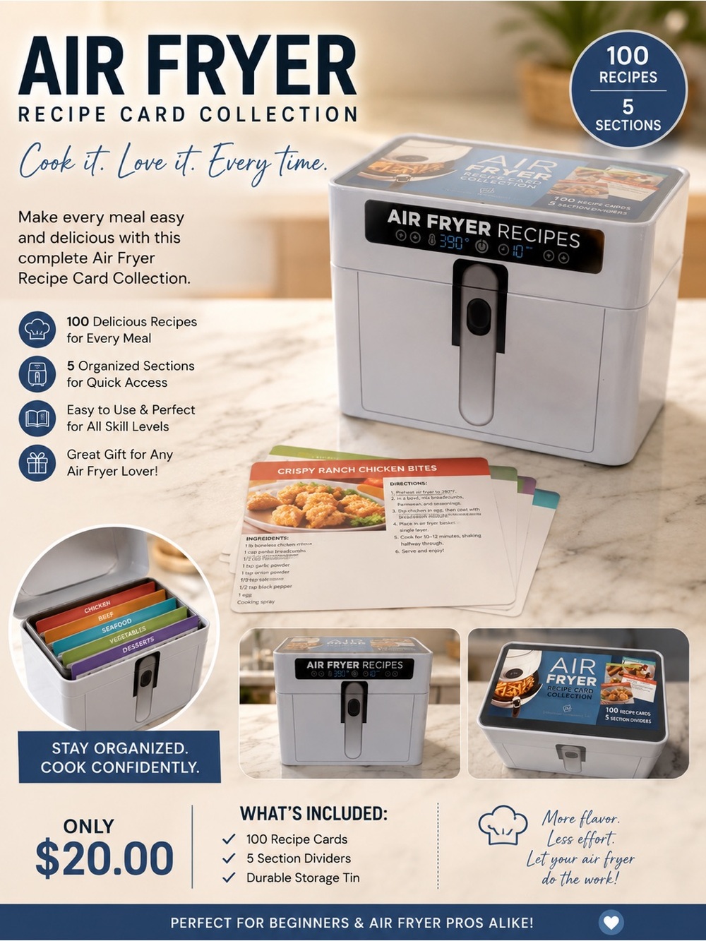Kohl's Air Fryer Recipe Card Storage Box - White with Multicolor Dividers